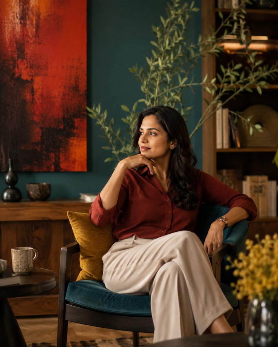 A self-possessed Indian individual in a contemporary interior