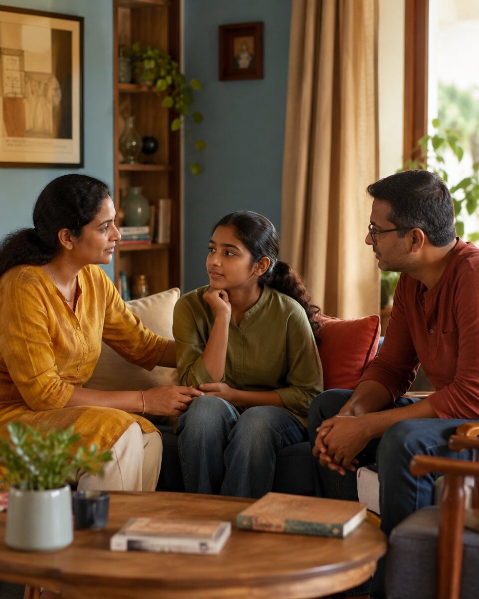 An Indian family sharing a thoughtful moment