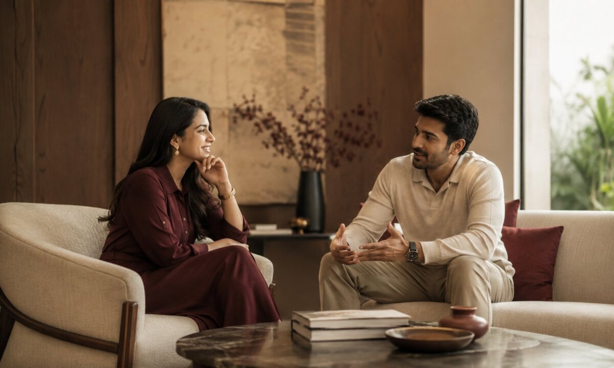 Refined Indian adults in a thoughtful contemporary setting