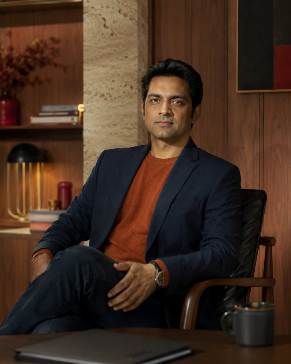 An Indian professional conveying composed authority