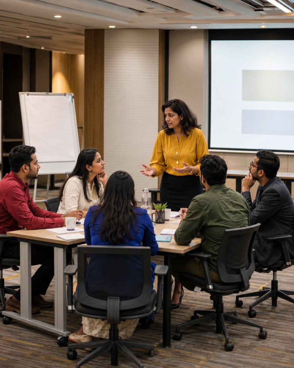 An Indian facilitator leading a professional workshop