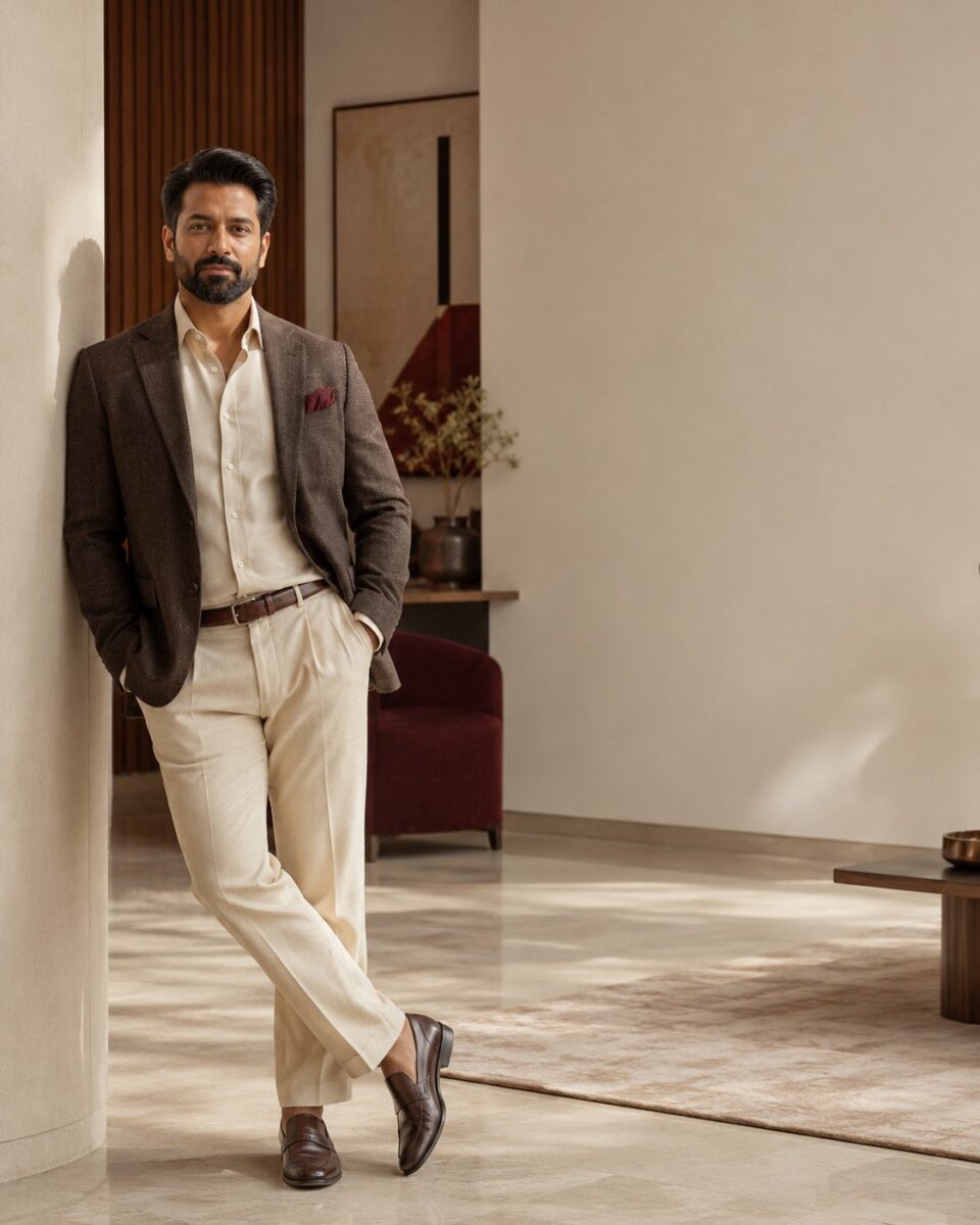 A confident Indian professional standing in a refined interior