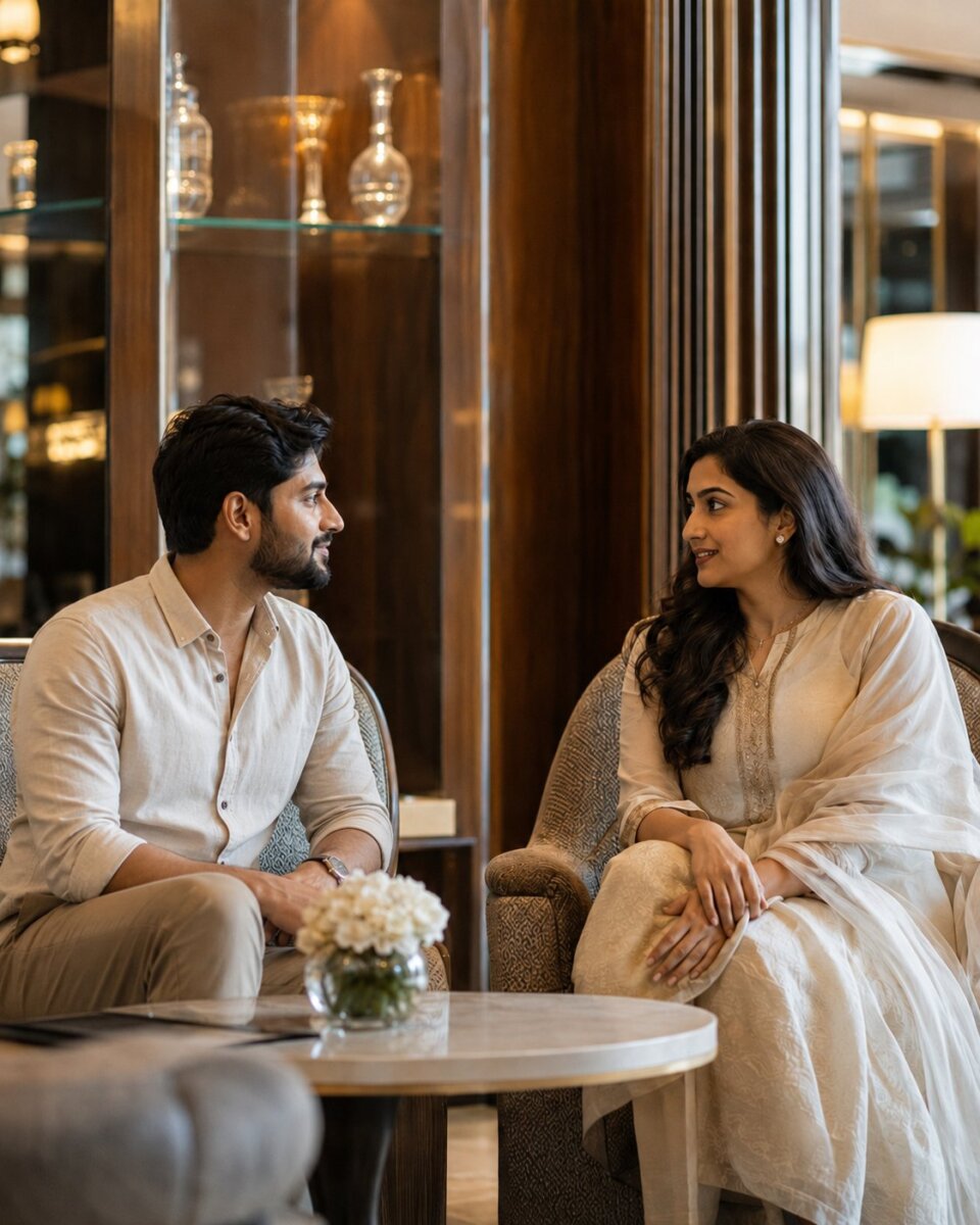 An Indian couple having a thoughtful early conversation
