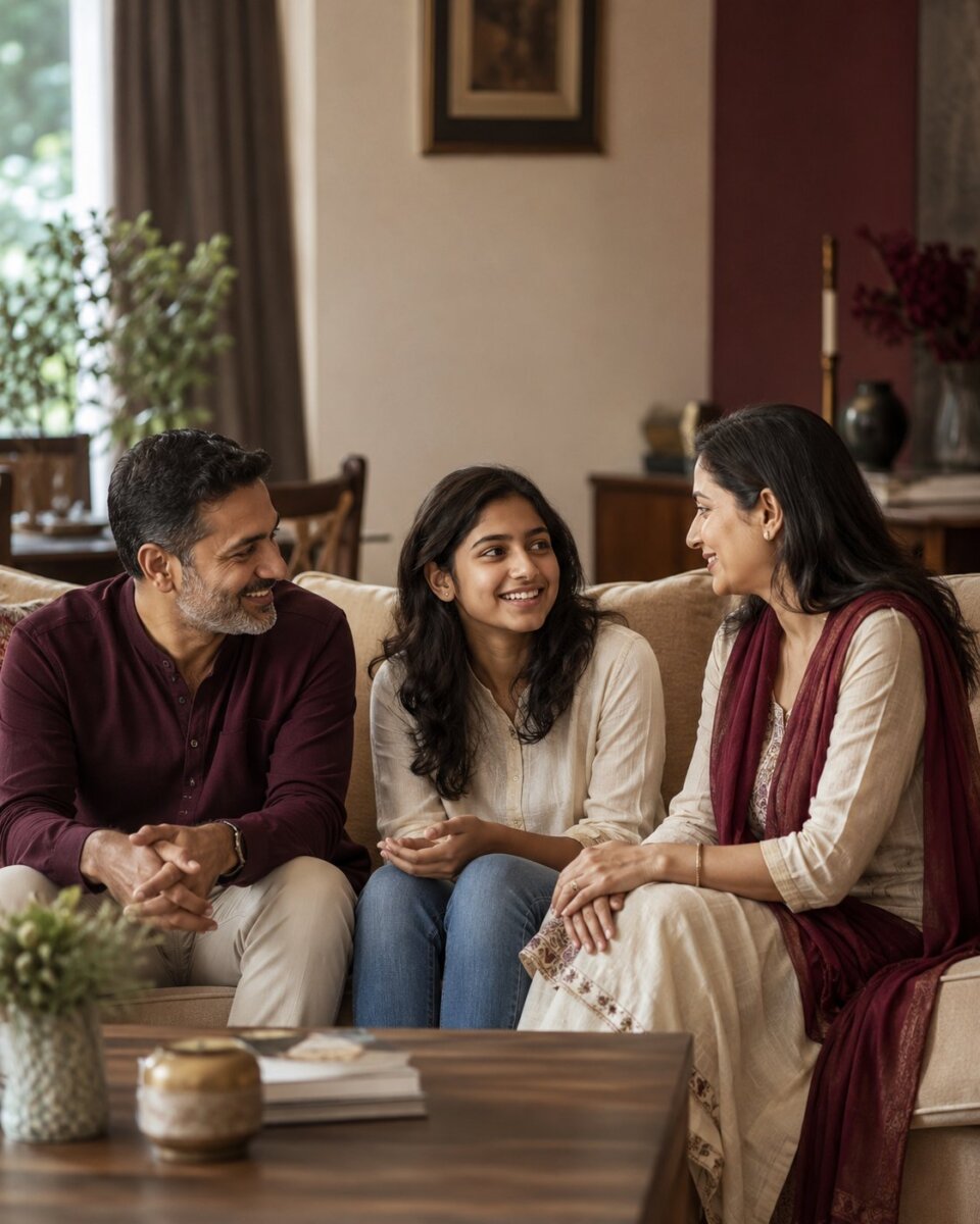 An Indian family in an open conversation at home