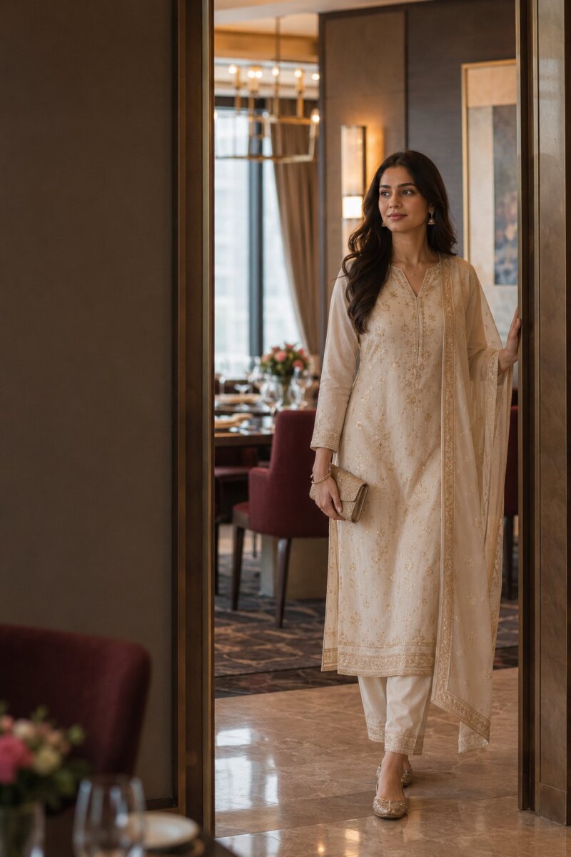 A poised Indian woman arriving for an important first introduction