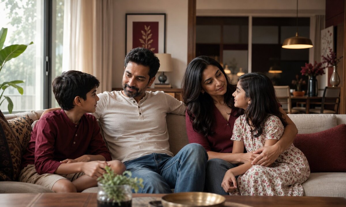 An Indian family sharing a thoughtful and connected moment at home