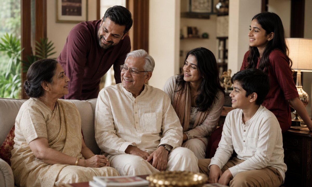 A multi-generational Indian family sharing a connected moment