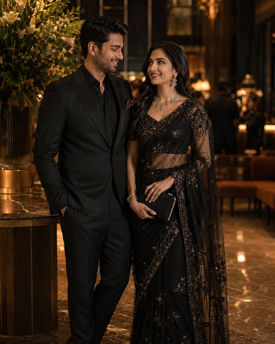 An elegantly styled Indian couple attending a formal occasion