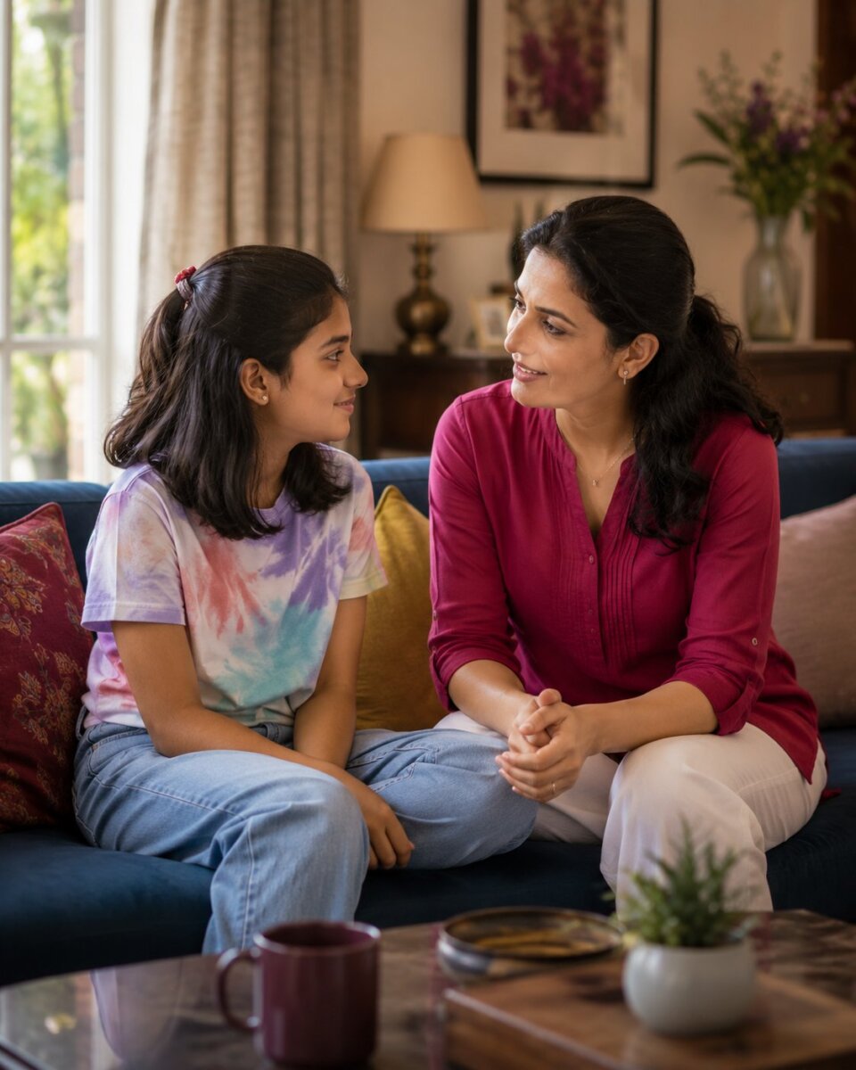 An Indian parent and teenager having a respectful private conversation