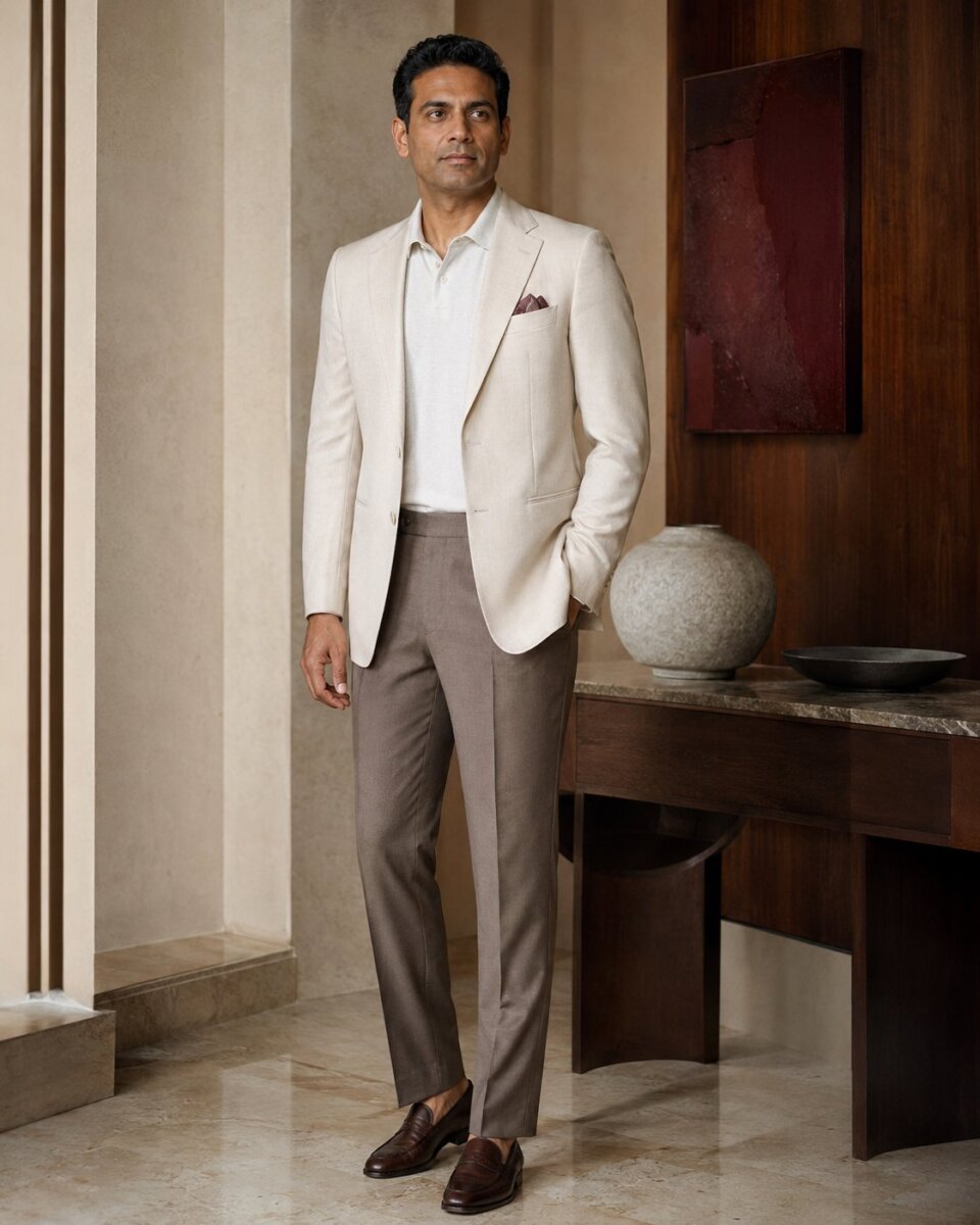 A poised Indian professional standing with quiet confidence