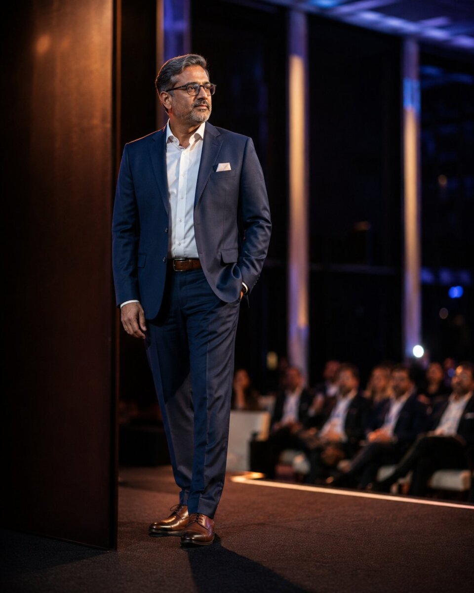 A senior executive prepared for a high-visibility professional appearance