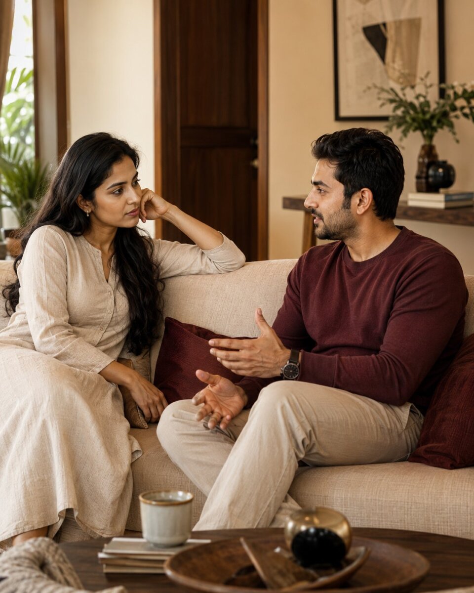 An Indian couple in a calm and meaningful conversation