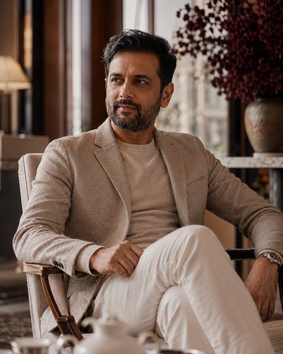 An Indian professional seated with composed and attentive body language