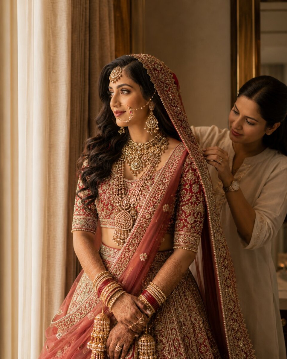 An Indian bride during a refined preparation moment