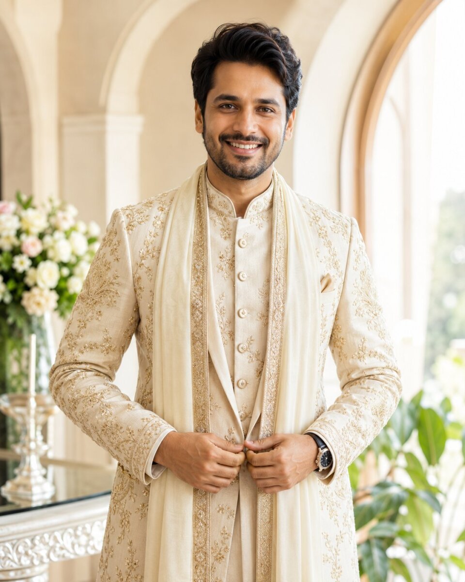 An Indian groom refining his formal wedding attire