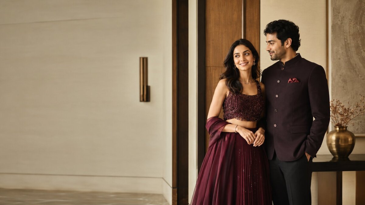 An elegantly styled Indian couple in sophisticated occasion wear